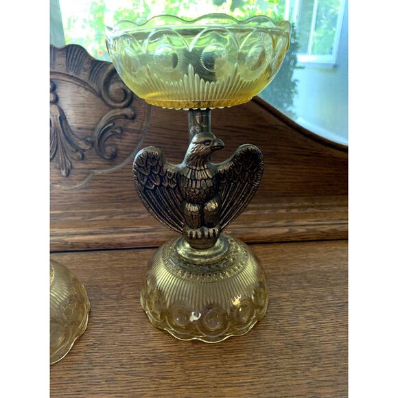 RARE Vintage Mid Century EAGLE Depression Glass & BRASS Candlesticks AMERICANA - Picture 5 of 14